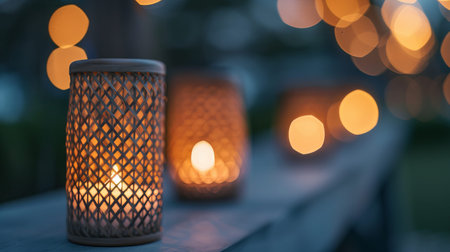 Candles shine inside woven lanterns placed on a wooden surface in an outdoor setting during dusk with soft lights surrounding the area.の写真素材