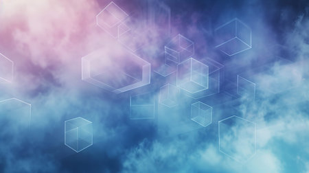 Floating server cubes represent the database concept in a digital environment. Background shows clouds with blue and pink tones, creating a technology theme.の写真素材