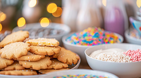 A large table is filled with many cookie shapes, colorful icing bags, and bowls of sprinkles ready for fun cookie decorating during a joyful event.の写真素材