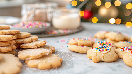 People around the gathering decorating station with colorful icing bags ready to add designs on cookies. This scene captures the spirit of holiday fun and creativity.の写真素材