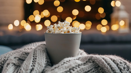 Friends sit together on the sofa watching a Christmas movie. A bowl of popcorn is placed on a blanket, with warm lights glowing in the background.の写真素材