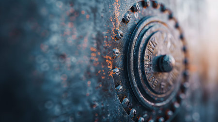 This vault door shows a secure locking mechanism with a detailed design and an aged metal surface. The focus is on the lock's round shape and texture.の写真素材