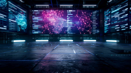 Bright screens show data and patterns in a command center. Lights illuminate the floor as technology surrounds the space. The scene is busy and dynamic.の写真素材