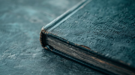 A close view shows a book with glowing text resting on a dark surface. The book appears old and mystical, illuminated softly in the dim light.の写真素材
