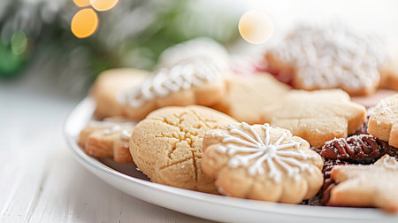 A plate holds a variety of Christmas cookies ready for sharing during holiday parties and family celebrations in December.の写真素材