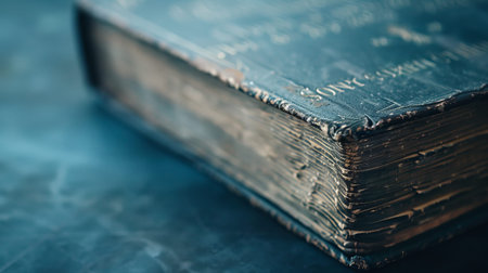 An enchanted book rests on a dark surface. The cover shows signs of age while glowing symbols and letters illuminate the scene in a softly lit room.の写真素材