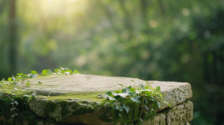 A forgotten book rests on a stone surrounded by green vines and moss. Light filters through trees, adding a warm glow to the peaceful forest scene.の写真素材