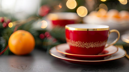 A table is set for New Year with red and gold details. Cups, plates, and decorations create a warm setting for a gathering at home during the holiday.の写真素材
