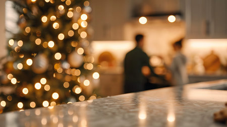 People gather around a kitchen island baking Christmas treats while enjoying each other's company in a festive atmosphere filled with holiday spirit.の写真素材