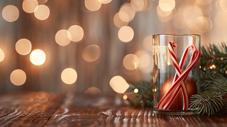 Candy canes are placed in a glass jar on a wooden table. There are warm lights in the background. This setting creates a festive mood for the holiday season.の写真素材