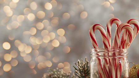 Candy canes are placed in a glass jar on a table. The setting includes festive lights in the background with a holiday theme during winter time.の写真素材