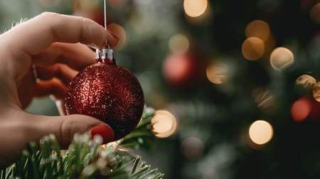 People are decorating the Christmas tree by hanging shiny ornaments on its branches while bright lights twinkle in the background at home during the holidaysの写真素材