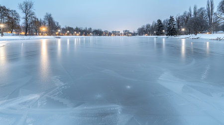 Lights shine on a frozen lake surface at dusk, creating reflections in the ice while the surrounding area is quiet and covered in snow.の写真素材