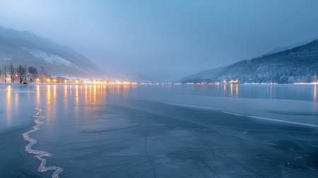 Lights are seen reflecting on the ice of a frozen lake at dusk. Nearby, lights from a town shine against snow-covered mountains.の写真素材