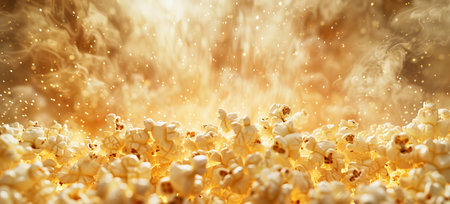 Popcorn bursts in an explosive manner, filling the scene with kernels and a cloud of color. The setting captures the excitement of a movie theater snack.の写真素材