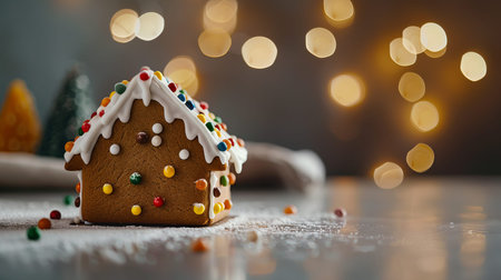 Gingerbread house sits on a table covered with icing and colorful gumdrops as people decorate it with joy and laughter during the holiday season.の写真素材