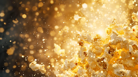 Popcorn flies into the air from a large cluster, creating a dynamic scene filled with golden space and light during a fun movie night.の写真素材
