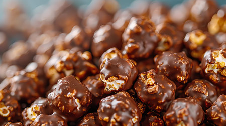 A large bowl holds chocolate popcorn covered in dark shiny chocolate at a snack time event. This tasty treat invites sharing and enjoyment among friends.の写真素材