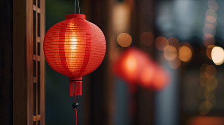 Red lanterns brighten the wooden interior of a tea house as visitors sit and sip tea in a cozy setting during the evening hours.の写真素材