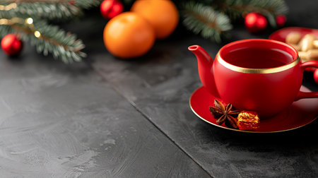 A table is set for New Year with red and gold details. A red teapot and plate are ready. Oranges, snacks, and festive ornaments add to the scene.の写真素材