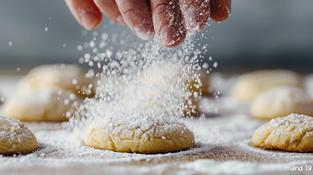 Hands dust powdered sugar over freshly baked cookies on a wooden surface while preparing for Christmas celebration in a warm kitchen.の写真素材