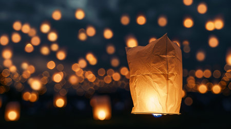 Lights fill the night sky as hundreds of lanterns rise during a festival celebration in a park. People enjoy the view and celebrate together.の写真素材