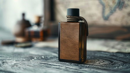 A perfume bottle rests on a wooden table. Maps and other bottles are seen in the background. The scene suggests an older, classic setting.の写真素材