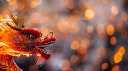 A dragon dance takes place at a festival. Performers showcase the colorful dragon while crowds watch with excitement. The night is lively with lights.の写真素材