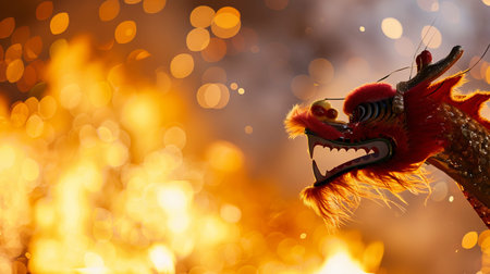 A dragon dance performance occurs with bright colors and excitement at a festival. Fire illuminates the scene as performers move in sync with the music.の写真素材
