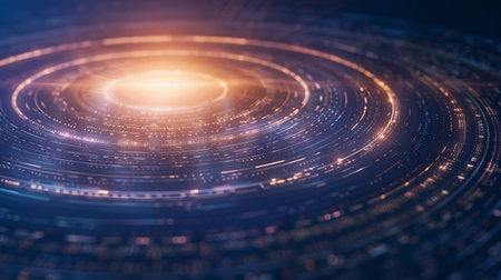 This digital layout displays a circular database structure with lines and lights representing data flow. It highlights connections and organization of information.の写真素材