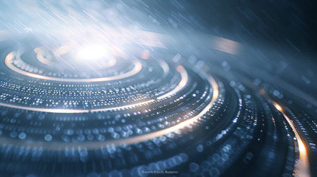 A circular database architecture displays interconnected data points and lines, creating a visual representation of data management in technology.の写真素材