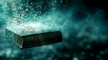 A magic book is suspended in mid-air inside a wizard tower filled with shining dust and a sense of wonder during a dark, mysterious night.の写真素材