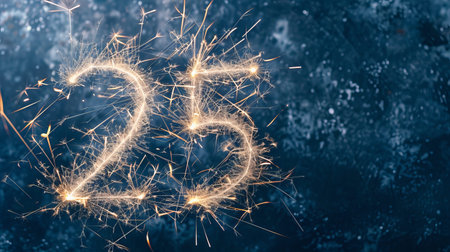 Glowing numbers form the year 25 while fireworks burst in the background, marking the start of the new year with sparkles and bright lightsの写真素材