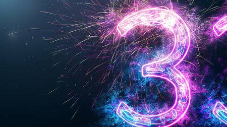 Glowing numbers light up the night while fireworks burst around them, marking the arrival of a new year with vibrant displays and joyful moments.の写真素材