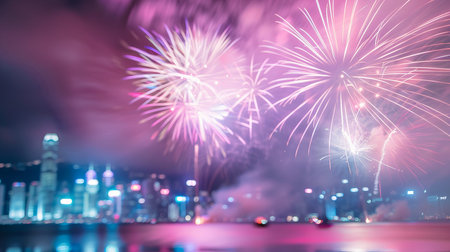 Fireworks light up the night sky above the city skyline as people gather to enjoy a vibrant celebration near the waterfront with friends and family.の写真素材