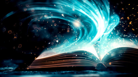 A book lies open, transforming into a portal filled with swirling colors and sparkles, casting light in a dark room during the night.の写真素材