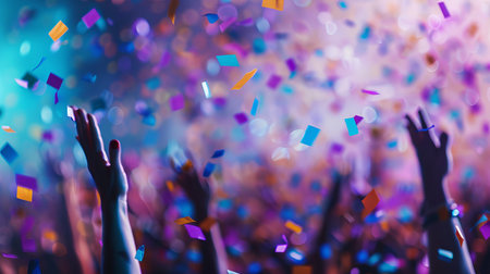 People celebrate a countdown event with joy and excitement. Hands are raised high as confetti rains down, marking the start of a new year.の写真素材