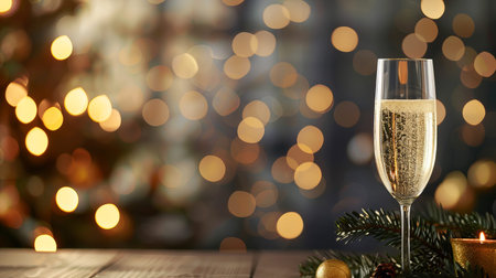 A table setup for New Year's Eve with candles and sparkling drinks. The scene features warm lights in the background, creating a festive atmosphere.の写真素材