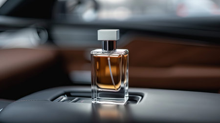 A bottle is positioned on the leather surface inside a luxury car. The textures of the leather and the bottle create a striking focus in the vehicle's interior.の写真素材