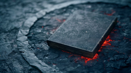 A magical book rests in the center of a ritual circle drawn on a dark stone surface. Glowing symbols surround the book as the night unfolds with mystery.の写真素材