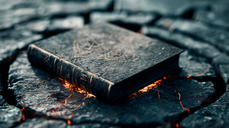 A magical book sits in the middle of a ritual circle made of dark stone. Glowing light surrounds the book, creating a sense of mystery in the night.の写真素材