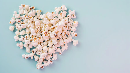 Popcorn is arranged in the shape of a heart on a light pastel surface. This setup shows creativity and a fun way to enjoy snacks at home or a gathering.の写真素材