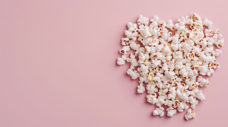 Popcorn is arranged to form a heart shape on a pastel background. This setup is ideal for parties or special occasions with a light and playful theme.の写真素材