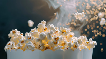 A machine works to pop corn as steam rises and kernels fly into the air. Pops are frequent as people enjoy snacks during a fun time at the movies.の写真素材