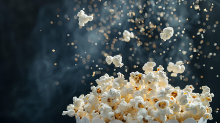 Popcorn bursts from a bowl as kernels explode into the air, creating a cloud of steam and fluff against a dark background during a snack time.の写真素材