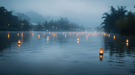 Lanterns float gently on the water during a festival as dusk falls. People gather along the banks to enjoy the sight of hundreds of lights illuminating the night.の写真素材
