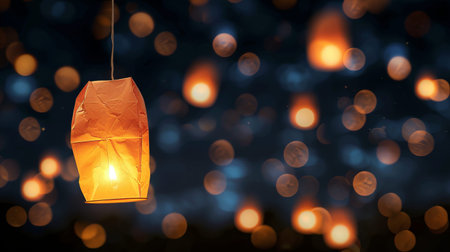 Lanterns are released into the night sky by people during a celebration. Bright warm light fills the darkness. The scene is full of floating lanterns.の写真素材