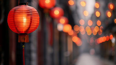 Street is decorated with red lanterns for Chinese New Year celebration. Lights glow warmly at night. People visit to enjoy festivities and culture.の写真素材