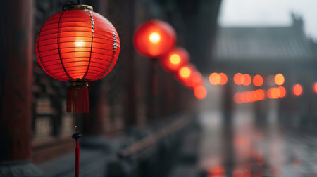 Lanterns hang in a temple courtyard as night falls, illuminating the space and creating a festive atmosphere for visitors and locals to enjoy.の写真素材