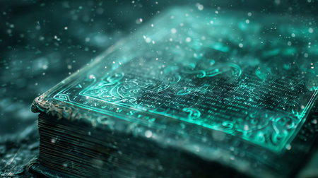 A steampunk magic book lies open, revealing gears turning inside. Neon lights shine, adding color to the scene, creating a lively atmosphere in a unique setting.の写真素材